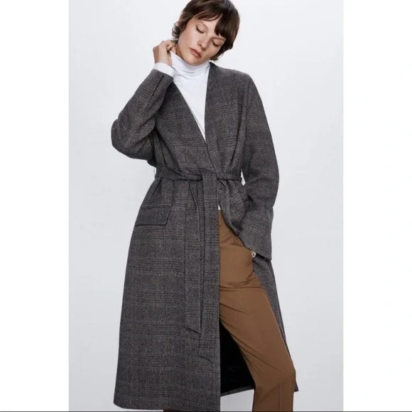 Zara wool belted coat herringbone check print grey - Picture 6 of 7